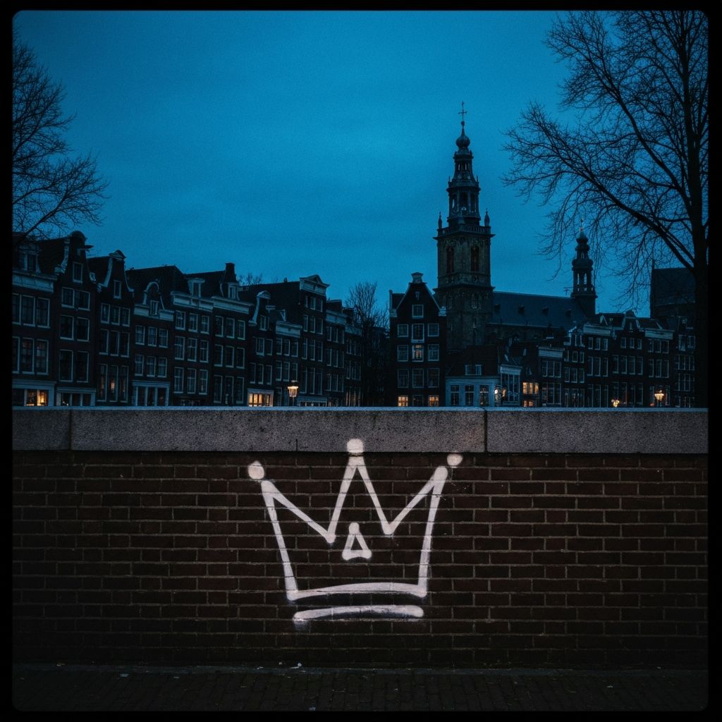 Amsterdam skyline with crown graffiti on brick wall
